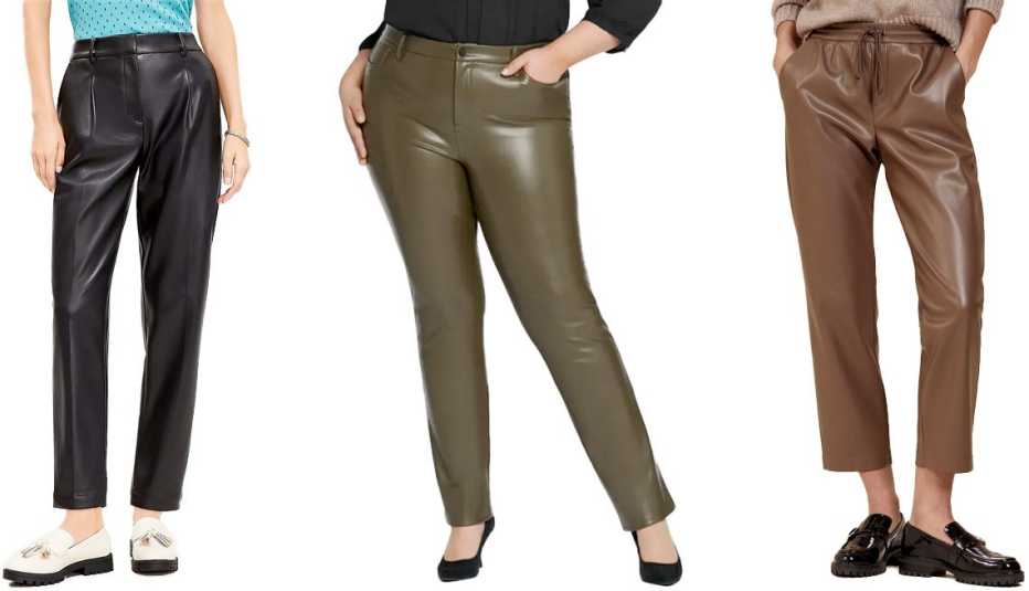 Loft Pleated Tapered Pants in Faux Leather in Black; NYDJ Plus Sculpt Her Marilyn Faux Leather Straight Leg Pants in Ripe Olive; Banana Republic Slim Vegan Leather Jogger in Mocha