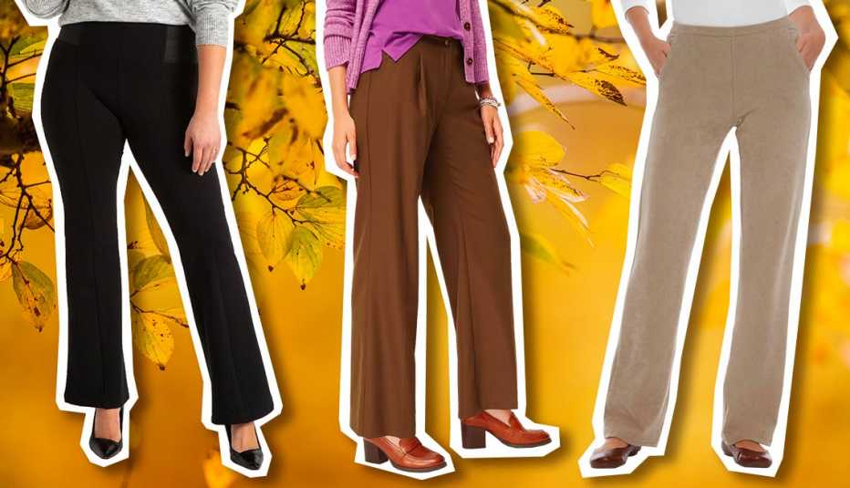 Eloquii Miracle Flawless Flare Leg Pant in Totally Black; J. Jill Pleated Wide Leg Pants in Chestnut; L. L. Bean Women’s Perfect Fit Knit Cords, Straight-Leg in Soft Khaki or Navy