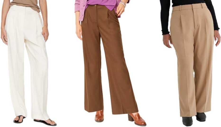 Mango Wide Leg Pleated Pants in Off White; J. Jill Pleated Wide Leg Pants in Chestnut; Uniqlo Women Wide-Fit Pleated Pants in 32 Beige or 06 Gray