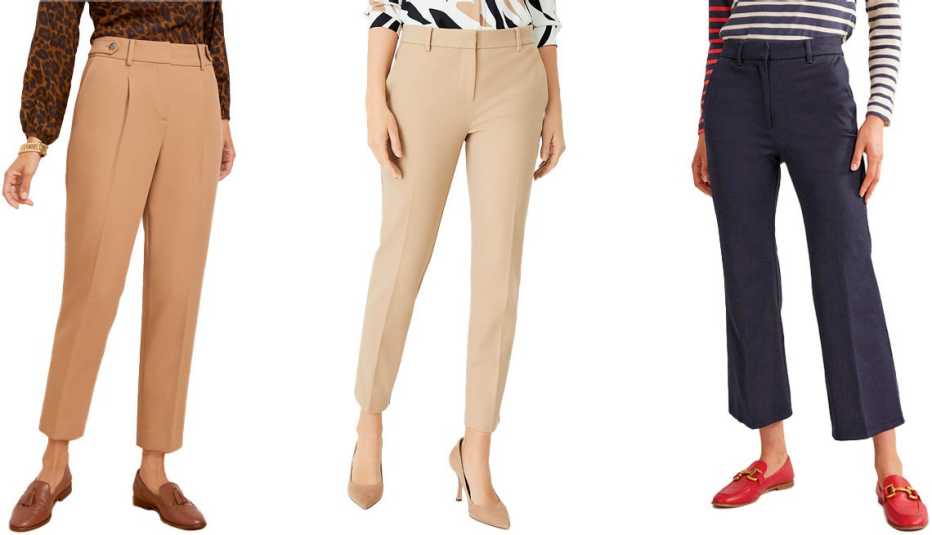 Talbots Tribeca Pants in Camel; Ann Taylor The Eva Ankle Pant in Cappuccino Tan; Boden Chelsea Bi-Stretch Pants in Navy