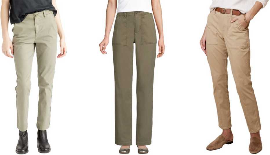 Quince Cotton Twill Girlfriend Chino Pants in Olive; Lands’ End Women’s High Rise Knockabout Chino Utility Pants in Forest Moss; Banana Republic Mid-Rise Slim Cargo Pant in New British Khaki