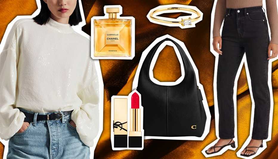 & Other Stories Relaxed Sequin Top in Cream; Chanel Gabrielle Chanel Essence Eau de Parfum Spray; Yves Saint Laurent Rouge Pur Couture Caring Satin Lipstick with Ceramides in R21 Rouge Paradoxe; Coach Lana Polished Pebble Leather Shoulder Bag in Black; Mejuri Baguette Diamond Stacker Ring in 14k Yellow Gold, Diamond; Madewell The Curvy 90s Straight Jean in Belmere Wash