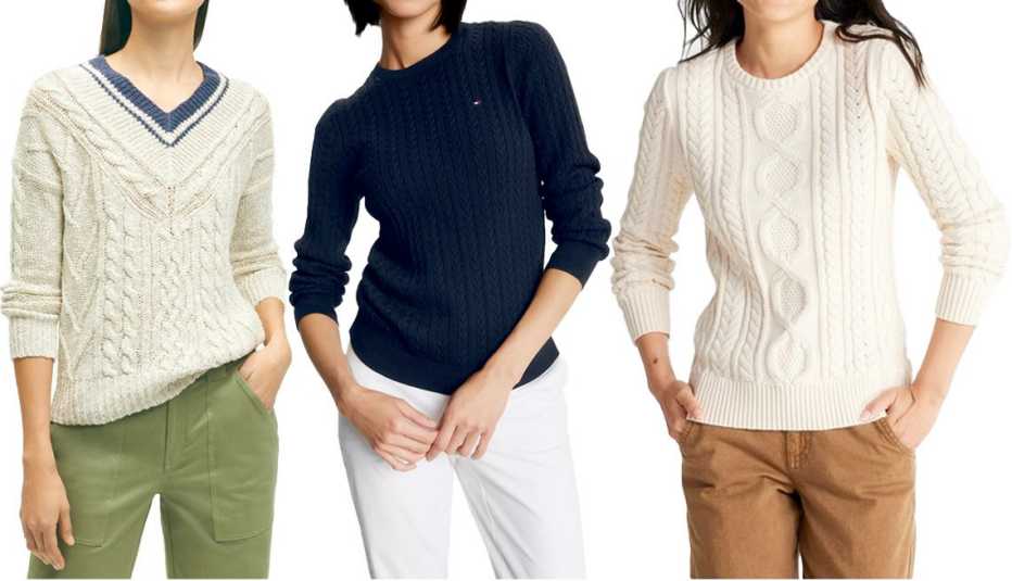 Brooks Brothers Cotton-Linen Blend Tennis Sweater in Oatmeal; Tommy Hilfiger Cable Knit Sweater in Desert Sky; L.L. Bean Women’s Bean’s Heritage Soft Cotton Fisherman’s Sweater in Cream