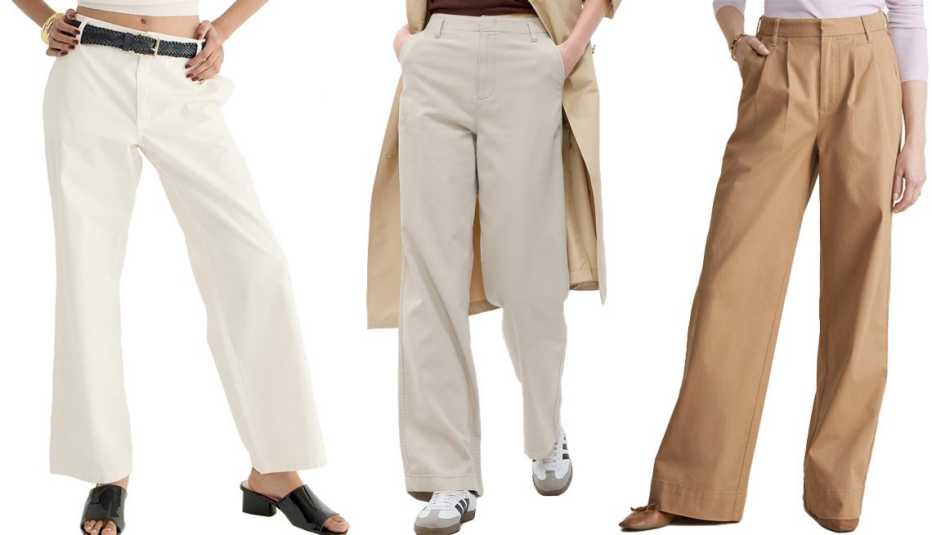 J. Crew Sailor Heritage Chino Pant in Natural; Gap Twill Wide Leg Pants in Chino Beige; Vineyard Vines Pleated Wide Leg Chino in Officer Khaki