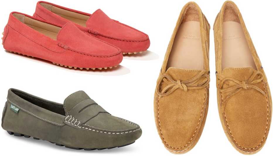 M. Gemi The Felize Suede in Pink Coral; Ann Mashburn Driving Moccasin in Dark Camel Suede; Eastland Patricia Moccasin in Green