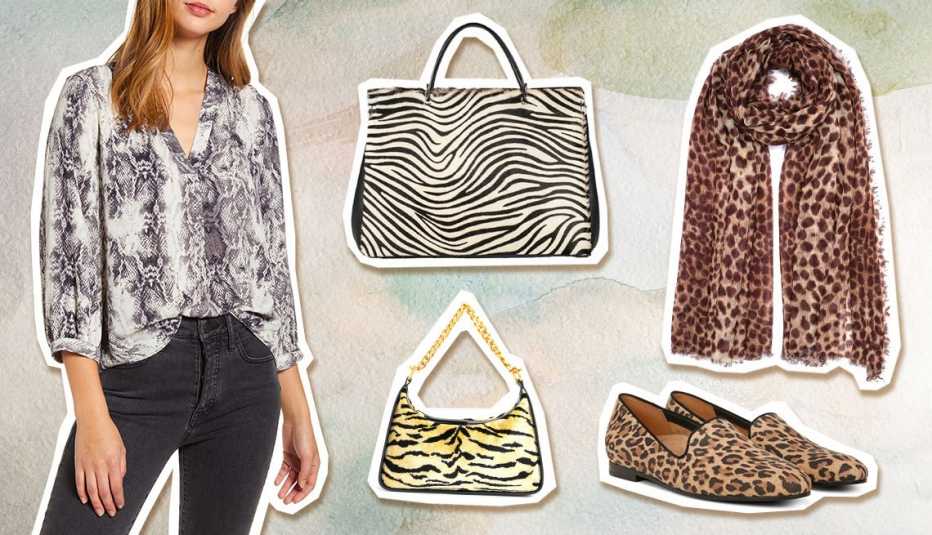 examples of animal print fashion such as a snake blouse a zebra purse a leopard print scarf a tiger handbag and leopard print shoes
