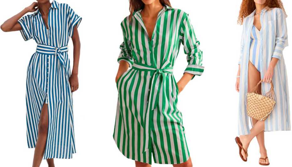 Zara Striped Linen Blend Shirtdress; Boden Relaxed Cotton Shirt Dress in Rich Emerald and Ivory; J.Crew Long Beach Shirt in Striped Linen-Cotton Blend in Faded Blue