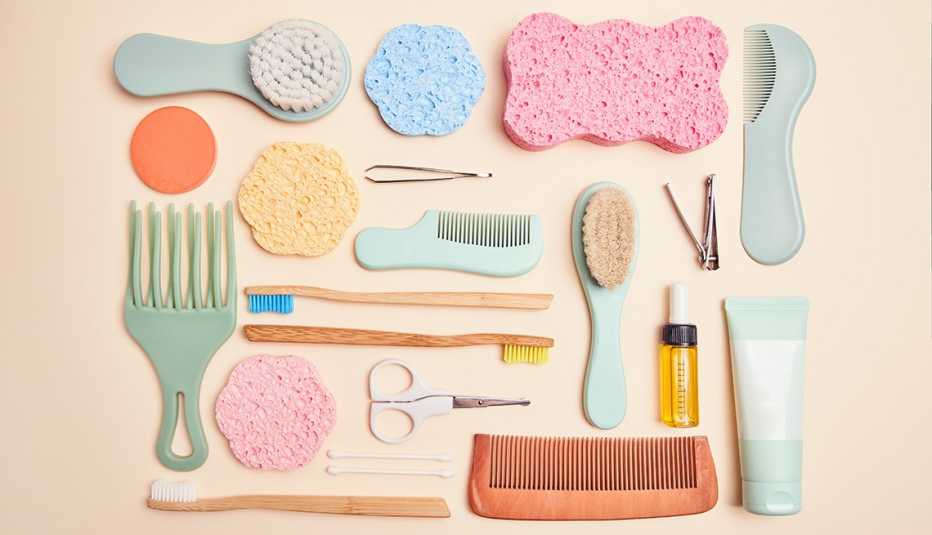 A overhead view of various personal hygiene and beauty tools