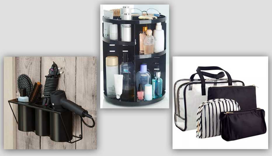 J Jack Cube Design Hair Dryer and Styling Holder in Black; Basicwise 9in. x 12 in. Rotating Cosmetic Storage Tower Makeup Organizer; Sonia Kasuk Makeup Organizer Bag Set- Black/Stripe