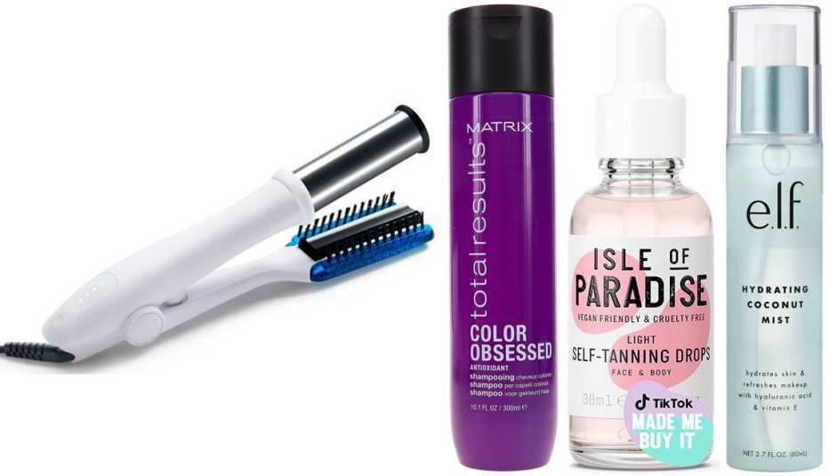 InStyler Max Wet to Dry 1.25” White 2-Way Professional Tourmaline Ceramic Rotating Iron with Ionic Bristles; Matrix Total Results Color Obsessed Shampoo; Isle of Paradise Self-Tanning Drops for Face + Body; e.l.f. Cosmetics Hydrating Coconut Mist