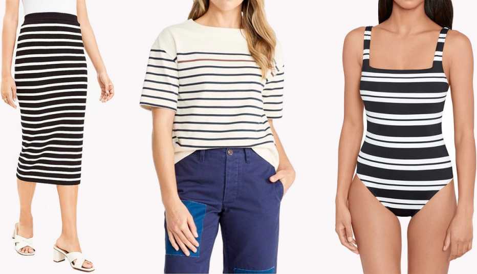 Loft Striped Ribbed Midi Sweater Skirt; L.L. Bean Women’s Signature French Sailor Tee in Sailcloth; Ralph Lauren Women’s Resort Stripe Square Neck One Piece Swimsuit in Black/White