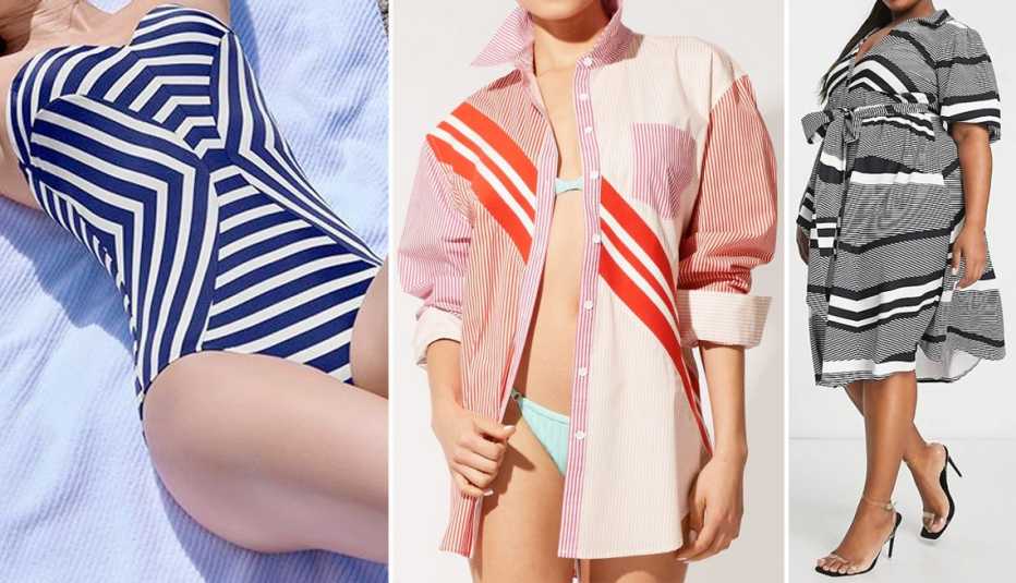 Venus Underwire Bandeau One-Piece in Navy Blue and White Stripes; The Oxford Tunic in Apple Red/Hibiscus; ASOS Design Curve Belted Midi Shirt Dress in Mono Stripe