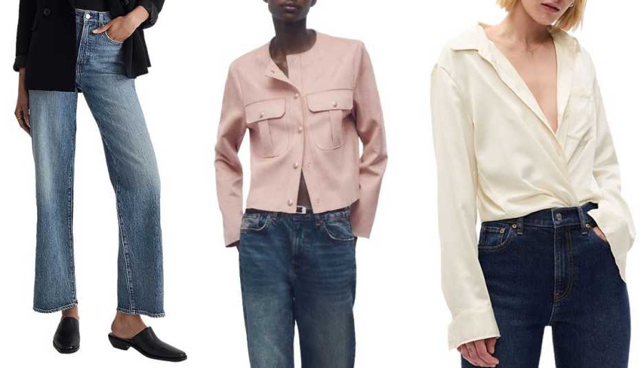 Madewell The Perfect Vintage Wide-Leg Jean in Heathcote Wash; Zara Women Faux Suede Overshirt in Pink; Gap Satin Shirt in Stone Beige 