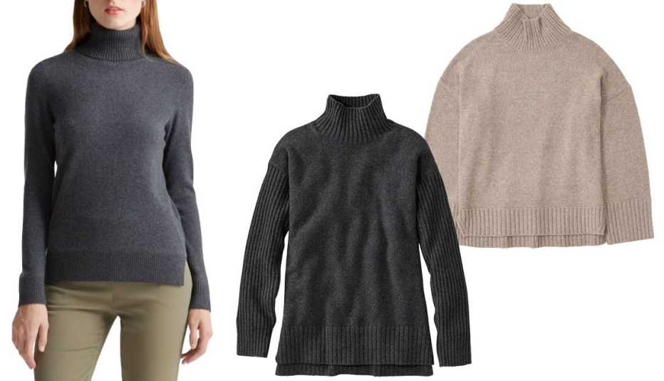 Quince Super Luxe Baby Cashmere Turtleneck Sweater in Charcoal; L.L. Bean Women’s The Essential Sweater, Turtleneck in Medium Charcoal Heather; Abercrombie & Fitch Tuckable Easy Turtleneck Sweater in Taupe