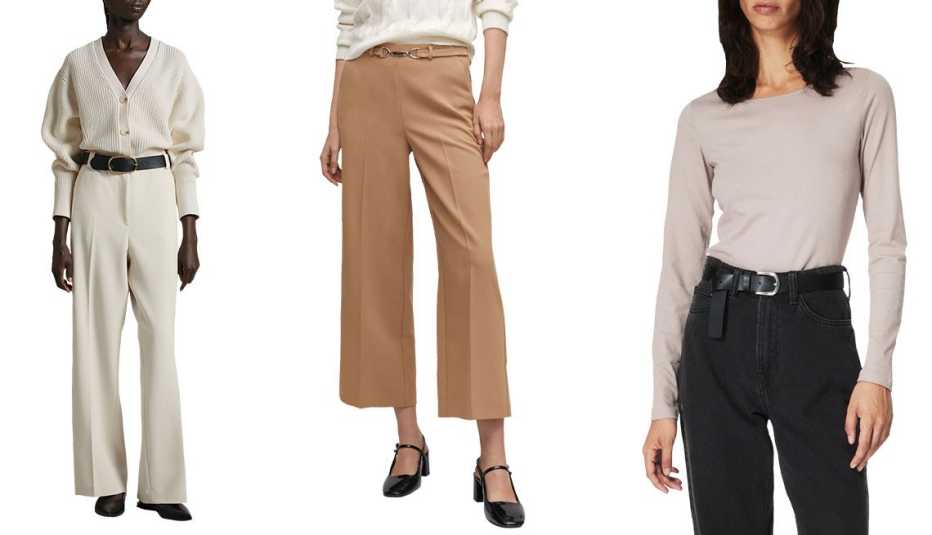 & Other Stories Ribbed Knit Cardigan in Cream; Mango Belt Culotte Trousers in Medium; H&M Long Sleeved Jersey Top in Taupe 