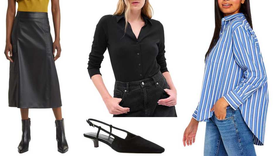 Treasure & Bond Faux Leather Midi Skirt in Black; Gap Modern Button Front T-Shirt in Black; Ann Taylor Suede Square Toe Kitten Heel Slingback Pumps in Black; a.n.a. Womens Long Sleeve Oversized Button-Down Shirt in Thea Blue Stripe 