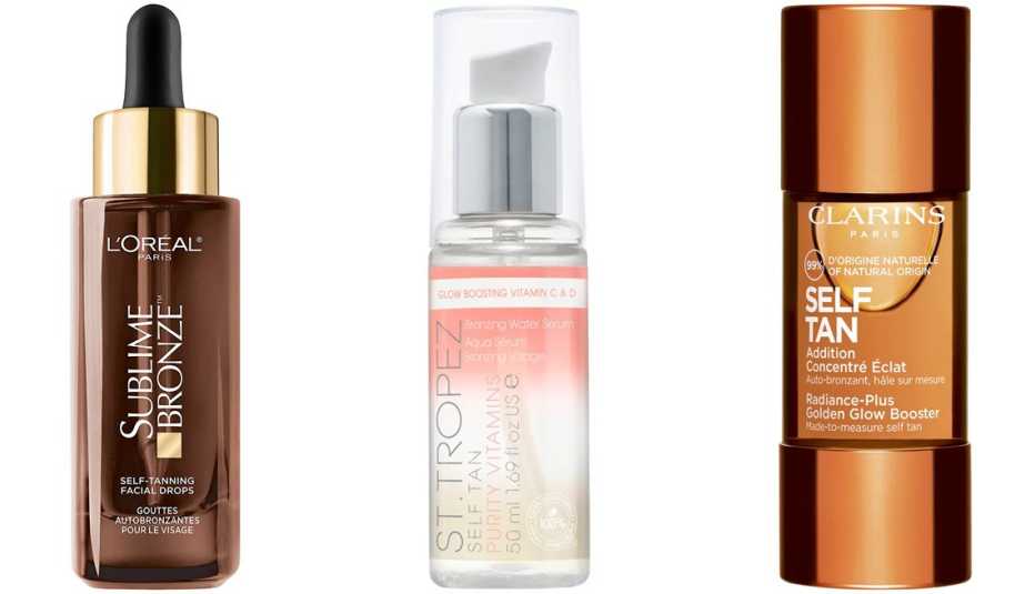 L’Oréal Paris Sublime Bronze Self-Tanning Facial Drops with Hyaluronic Acid; St. Tropez Purity Vitamins Bronzing Water Face Serum; Clarins Self-Tanning Face Booster Drops