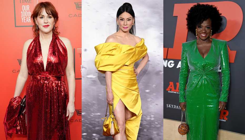 Molly Ringwald wearing a red dress at the 2023 TIME100 Gala at Jazz at Lincoln Center in New York City; Lucy Liu wearing a yellow dress at the Shazam Fury of the Gods UK Special Screening; Viola Davis wearing a green dress at the World Premiere of Air in Los Angeles