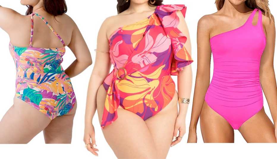 Soma Swim One-Shoulder One-Piece Swimsuit in Paradise Palms M Ivory; Eloquii One Shoulder Cascade Ruffle Swimsuit in Mystique Floral; Holipick One Shoulder One Piece Swimsuit for Women in Hot Pink