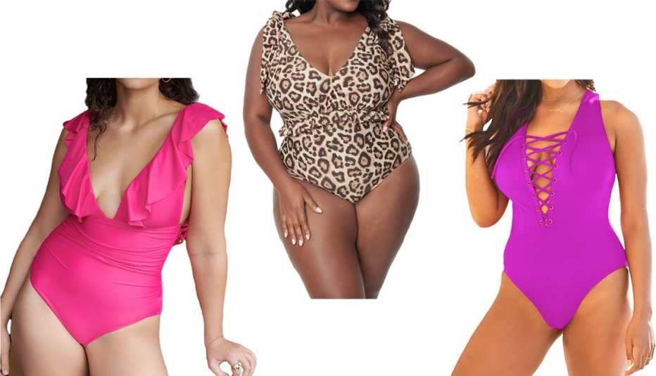 J.Crew Ruffle V-Neck Ruched One-Piece Swimsuit for Women in Radiant Fuchsia; Unique Vintage Leopard Print Plunge One Piece Swimsuit in Brown, Leopard; Swimsuits for All Lace Up One Piece Swimsuit in Very Fuchsia
