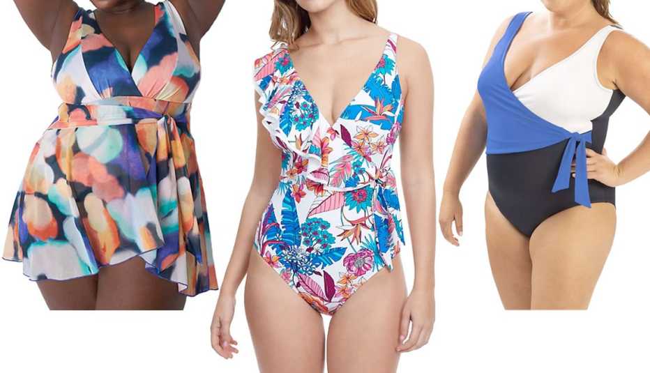 Lane Bryant No-Wire Wrap Swim Dress in Blue Summer; Gottex Swimwear Bohemian Gypsy Floral Surplice One-Piece Swimsuit in Multi; Dolfin Women’s Colorblock One Piece Swimsuit