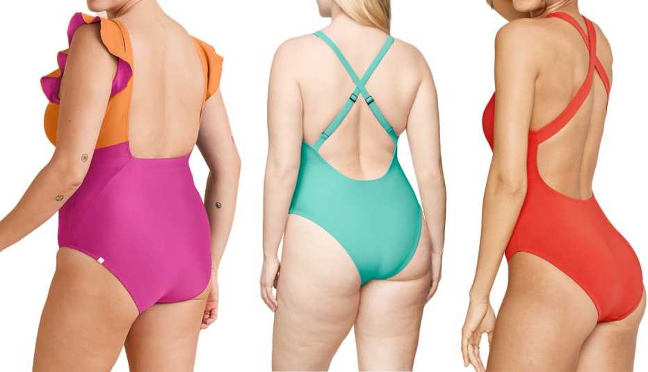 Summersalt The Ruffle Backflip in Hibiscus/Tangerine; Cuup The Plunge One Piece in Tide; Andie Swim The Tulum One-Piece in Cherry Red