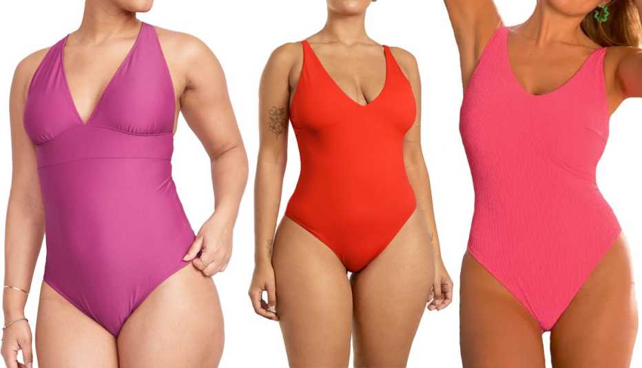 Old Navy Matching V-Neck One-Piece for Women in Chioggia Beet; Everlane The V-Neck One Piece in Bright Red; Bravissimo Cancun One Piece Swimsuit in Pink
