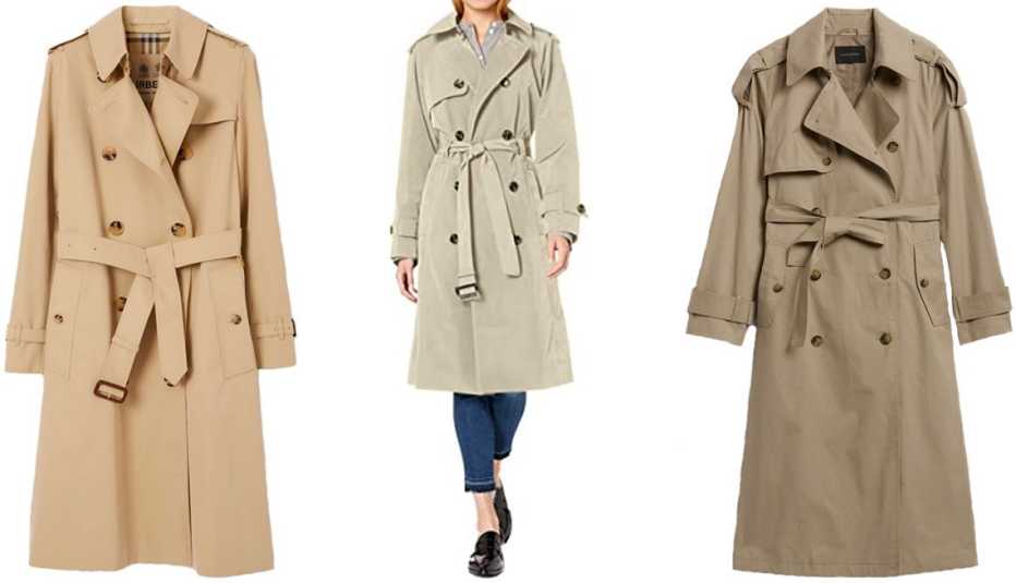 Burberry Long Kensington Heritage Trench in Honey; London Fog ¾-Length Double-breasted Trench with Belt in Stone;  Banana Republic Factory Classic Twill Trench in Sanded Khaki