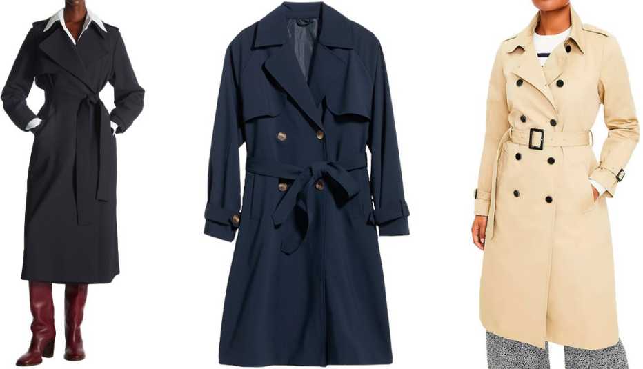 Cos Double-Breasted Trench Coat in Navy; Old Navy Double-Breasted Tie-Belt Trench Coat for Women in In the Navy; Loft Double Breasted Trench Coat in Desert Dune