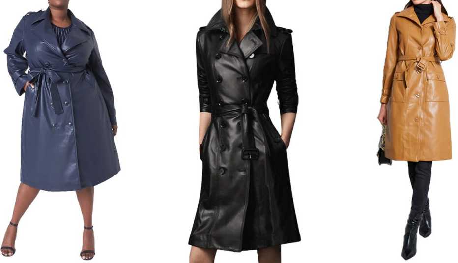 Lane Bryant Faux-Leather Trench Coat in Maritime Blue; MarkhorLive Womens Luna Genuine Lambskin Leather Long Trench Coat in Black; Elie Tahari Vegan Leather Trench in Saddle