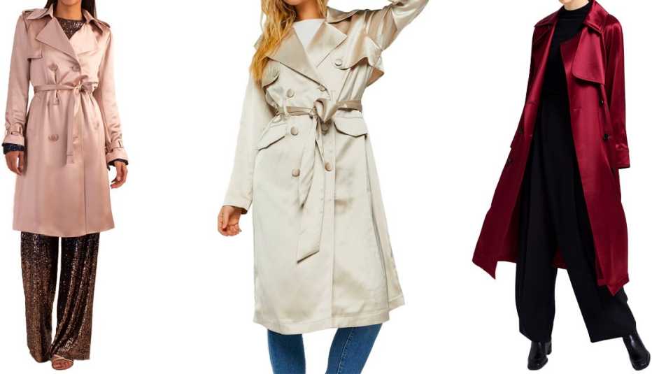 Trina Turk South Trench Coat in Moonstone; Forever 21 Satin Double-Breasted Trench Coat in Gray; Lattelier Double-Breasted Trench Coat in Burgundy