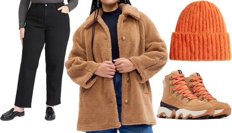 Old Navy High-Waisted Wow Loose Black Jeans for Women in Black Jack; Gap Factory Sherpa Coat in Holiday Brown; & Other Stories Fuzzy Knit Beanie in Orange; Sorel Women’s Kinetic Impact Conquest Sneaker Boot in Tawny Buff/Ceramic