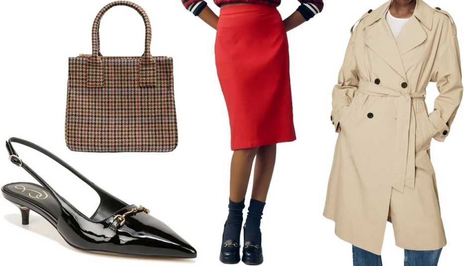 Sam Edelman Fitzgerald Slingback Pointed Toe Pump in Black; J.Crew Factory Small Houndstooth Structured Tote Bag in Camel Multi Houndstooth; By Anthropologie Bombshell Pencil Skirt in Bright Red; Zara Water Repellent Trench Coat