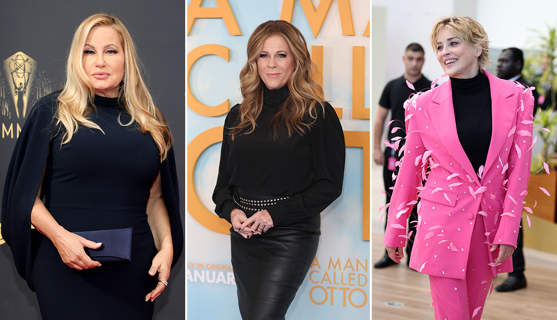 Jennifer Coolidge, Rita Wilson and Sharon Stone each wearing a turtleneck in their outfit
