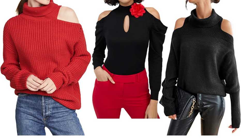 ASTR the Label Sepulveda Sweater in Cherry Red; New York & Company Rosette Embellished Cold-Shoulder Sweater in Black; Blooming Jelly Women’s Off-Shoulder Turtleneck Batwing Sweater in Black