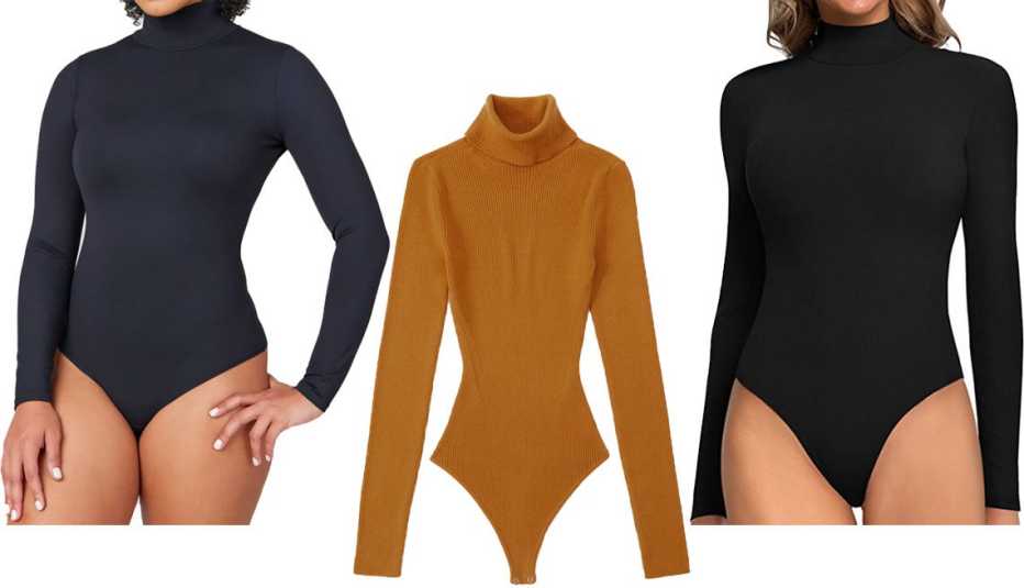 Spanx Suit Yourself Long Sleeve Turtleneck Thong Bodysuit in Classic Black; Abercrombie & Fitch LuxeLoft Turtleneck Bodysuit in Gold; Mangopop Women’s Mock Turtleneck Long Sleeve Ribbed Bodysuit in B Long Sleeve Black