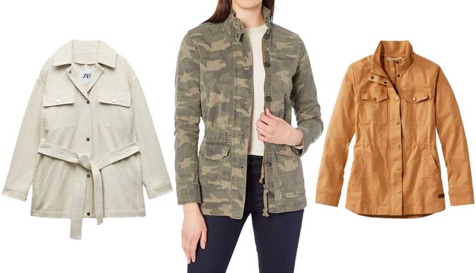 Zara Belted Denim Jacket; Lucky Brand Long-Sleeve Button-Up Two-Pocket Camo Utility Jacket; L.L.Bean Women’s BeanFlex Utility Jacket in Barley
