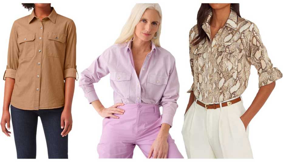 Dickies Women’s Long-Sleeve Roll-Tab Work Shirt in Nutmeg; J.Crew Garment-Dyed Chambray Shirt in Cloud Purple; Lauren Ralph Lauren Utility Blouse in White/Multi
