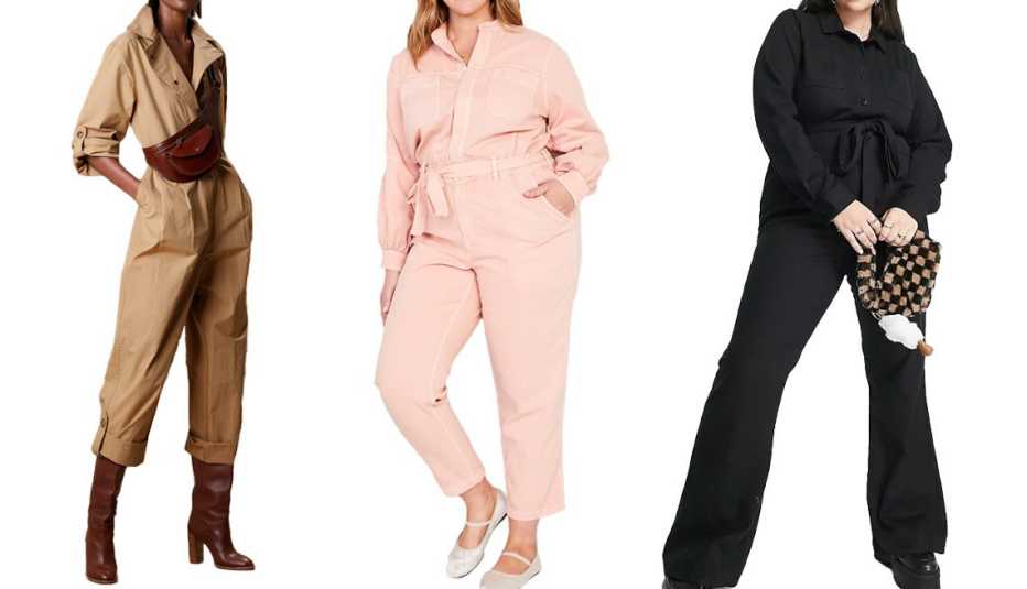 Banana Republic Finley Poplin Jumpsuit in New Khaki Beige; Old Navy Collarless Tie-Belt Utility Jumpsuit in Pink Bamboo; ​ASOS Curve Long-Sleeve Twill Boiler Suit in Black
