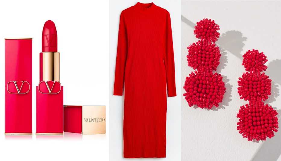 Valentino Rosso Valentino Refillable Lipstick, Satin in 22R; H&M Women Ribbed Mock Turtleneck Dress in Red; Chico’s Red Seed Bead Drop Earrings