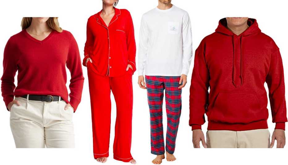 Quince Women’s Mongolian Cashmere V-Neck Sweater in Red Apple; Victoria’s Secret Modal Long Pajama Set in Lipstick Red; Vineyard Vines Men’s Flannel Lounge Pants in Tartan/Nautical Red; Gildan Men’s Adult Fleece Hooded Sweatshirt G18500 in Red