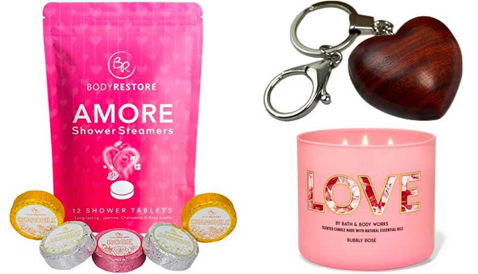 BodyRestore Amore Shower Steamers Aromatherapy 12-pack; Wookingsten Wooden Pendant Heart Shaped Key Ring; Bath & Body Works Bubbly Rose 3-Wick Candle in LOVE