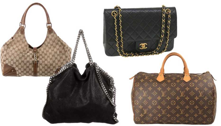 Clockwise from top left: Gucci GG Canvas Nailhead Jackie Bardot Bag ($445, therealreal.com); Vintage Chanel Double Flap 25 Quilted CC Logo Lambskin Chain Shoulder Bag ($1,120, eBay.com); Louis Vuitton Speedy Cloth Handbag ($559, vestiarecollective.com); Stella McCartney Falabella Shoulder Bag in Black vegetarian suede ($475, therealreal.com)