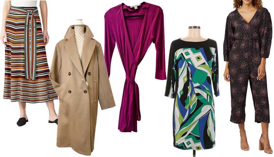 From left: 3.1 Phillip Lim Striped Maxi Wrap Skirt in Brown Multi from Pre-Owned Rent the Runway ($209, saksoff5th.com); Max Mara Wool Coat ($450, vestiairecollective.com); Diane Von Furstenberg Mid-Length Dress ($59, vestiairecollective.com) wrap style in violet; Banana Republic Factory Store Casual Dress ($17, thredup.com) boatneck Pucci like blue print; Kate Spade New York Disco Dots Cropped Jumpsuit- Rent The Runway/ Pre-Owned ($82, saksoff5th.com)