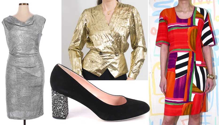 From left: Vince Cameo Cocktail Dress ($43, thredup.com) ruched silver; Kate Spade New York heels ($86, thredup.com)  sparkly block heel; Uncle Ed Vintage 80s Metallic Blazer in Gold ($64, marketplace.asos.com) tailored blouson wrap DB; I Dream of Wires Dress Vintage 80s Bright Print Midi ($39, marketplace.asos.com) tailored splashy print red, purple