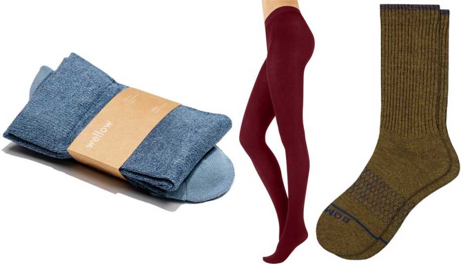 Wellow Knee High Compression Socks in Blue Steel Twist; Calzitaly Cashmere Wool Tights in Wine; Bombas Women’s Merino Wool Calf Socks in Olive