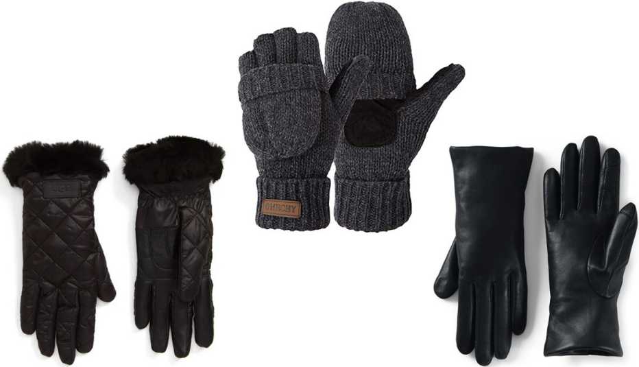 Ugg All Weather Touchscreen Compatible Quilted Gloves; Omechy Winter Knitted Convertible Glove/Mittens in Dark Grey; Lands’ End Women’s EZ Touch Screen Cashmere Lined Leather Gloves in Black