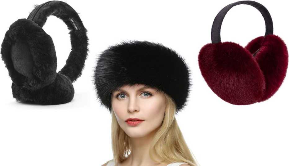 Ikepod Classic Australian Sheepskin Earmuffs in Black; Dikoaina Women’s Faux Fur Headband Ear Warmer in Black; Simplicity Unisex Warm Faux Furry EarMuffs in Burgundy