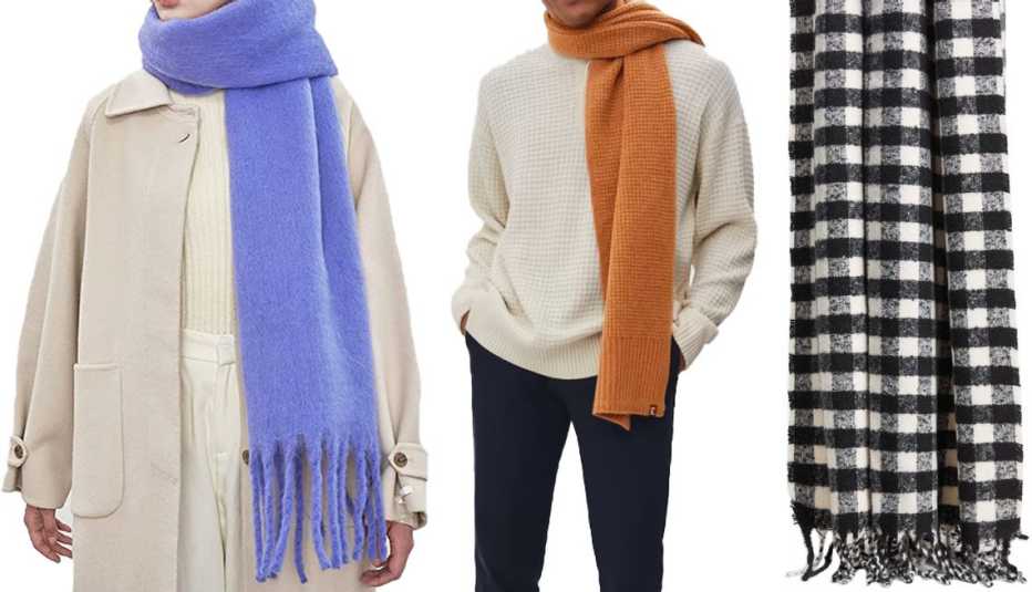 Ouniya Large Chunky Oversized Scarf for Women in Purple; Everlane The Felted Merino Waffle-Knit Scarf in Deep Camel; Mango Fringed Check Scarf in Black