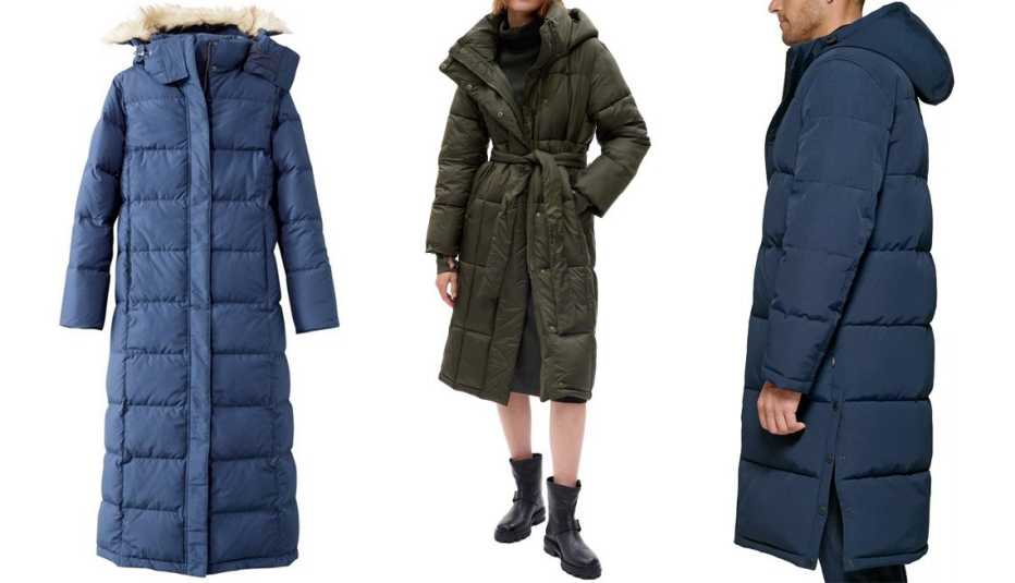 L.L. Bean Women’s Ultrawarm Coat, Long in Night; Gap Women Big Puff Coat in Deep Depths Green; Levi’s Men’s Quilted Extra Long Parka Jacket in Navy